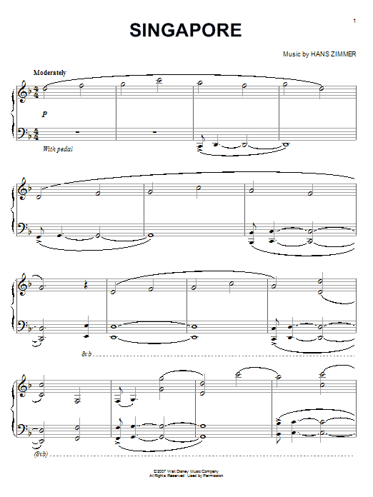 Hans Zimmer Singapore (from Pirates Of The Caribbean: At World's End) sheet music notes and chords arranged for Easy Piano