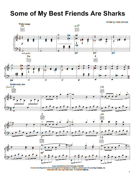 Hans Zimmer Some Of My Best Friends Are Sharks sheet music notes and chords arranged for Piano Solo