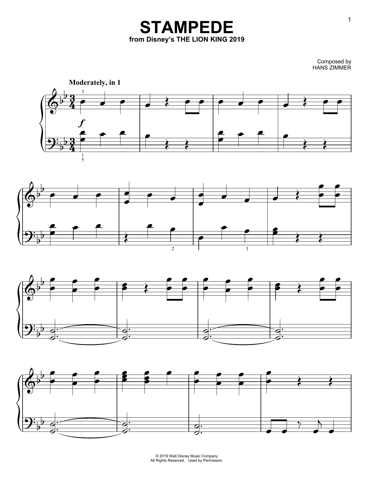 Hans Zimmer Stampede (from The Lion King 2019) sheet music notes and chords arranged for Piano Solo