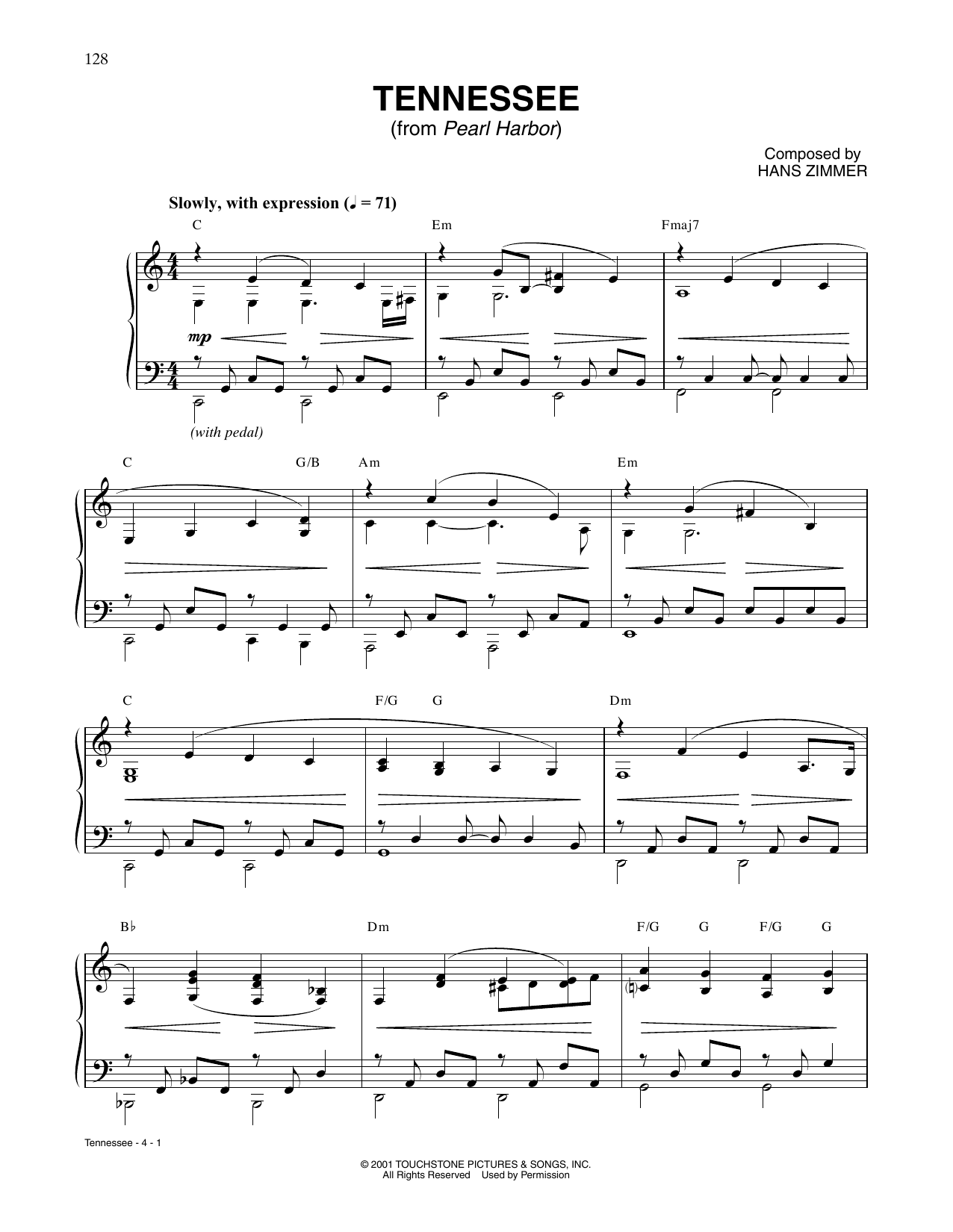 Hans Zimmer Tennessee (from Pearl Harbor) sheet music notes and chords arranged for Piano Solo