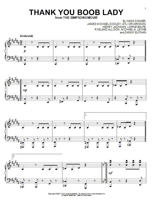 Hans Zimmer Thank You Boob Lady sheet music notes and chords arranged for Piano Solo