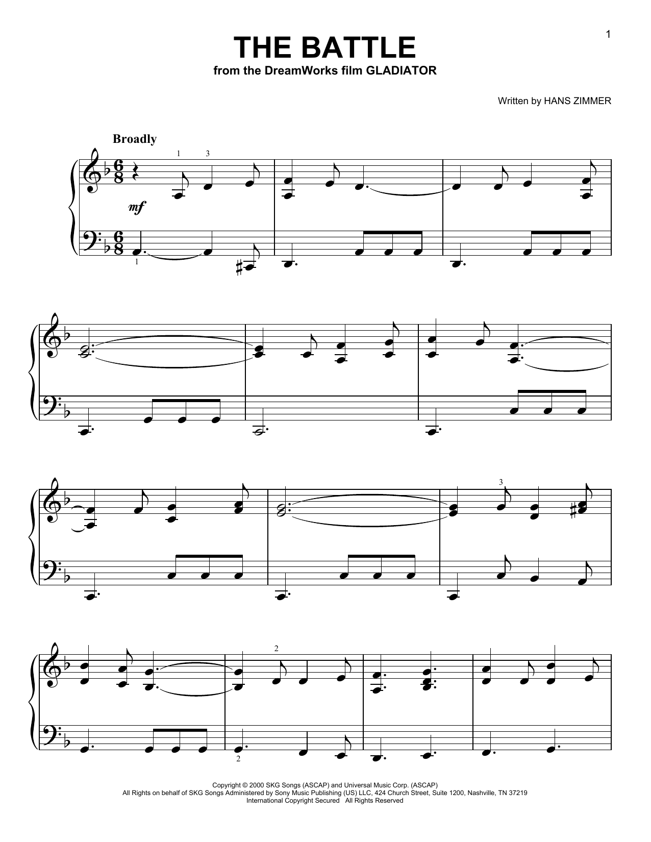 Hans Zimmer The Battle (from Gladiator) sheet music notes and chords arranged for Easy Piano