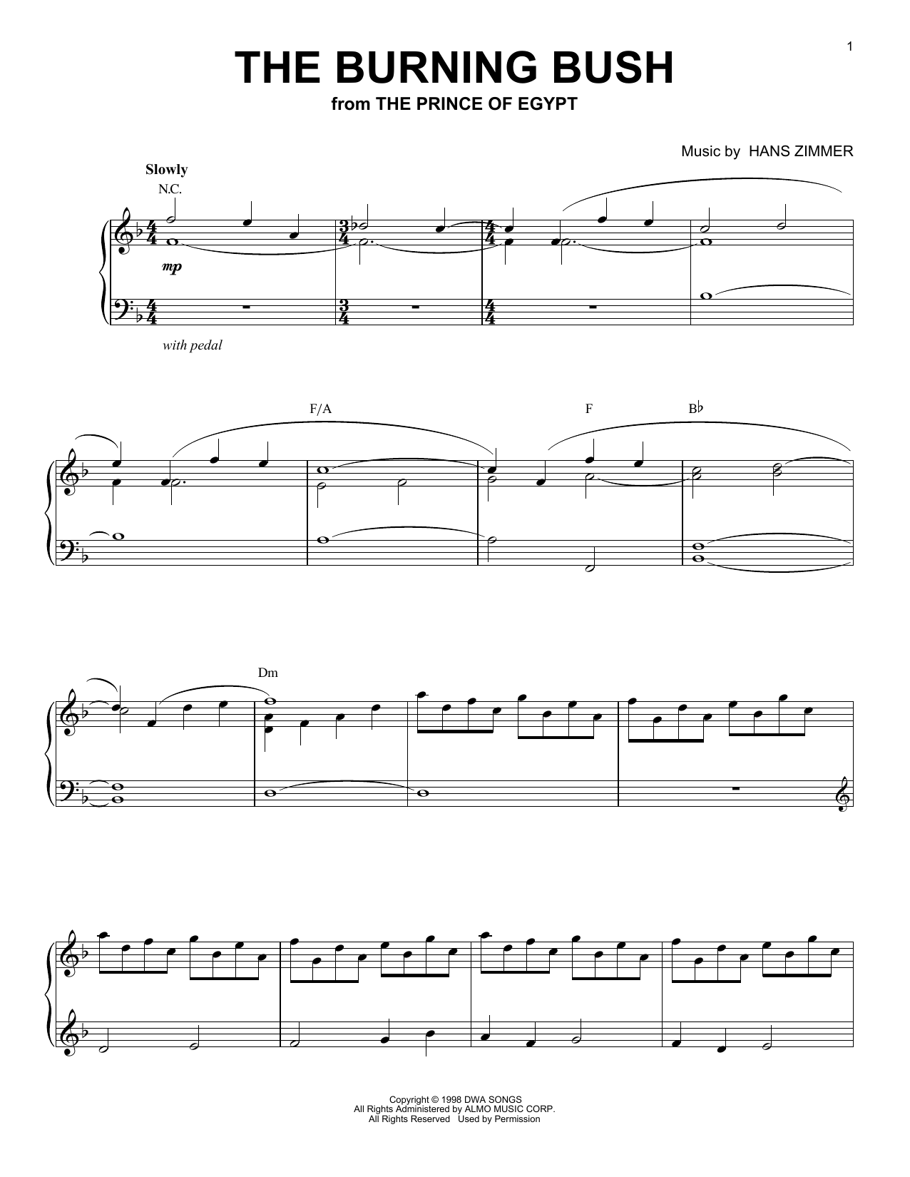 Hans Zimmer The Burning Bush (from The Prince of Egypt) sheet music notes and chords arranged for Piano Solo