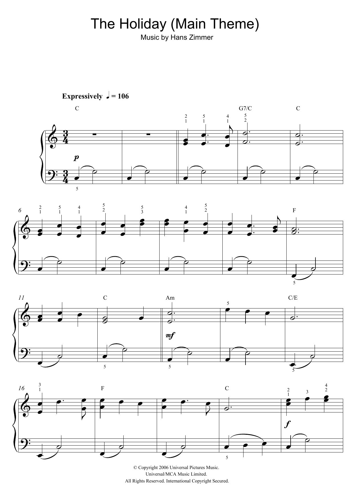 Hans Zimmer The Holiday (Main Theme) sheet music notes and chords arranged for Beginner Piano