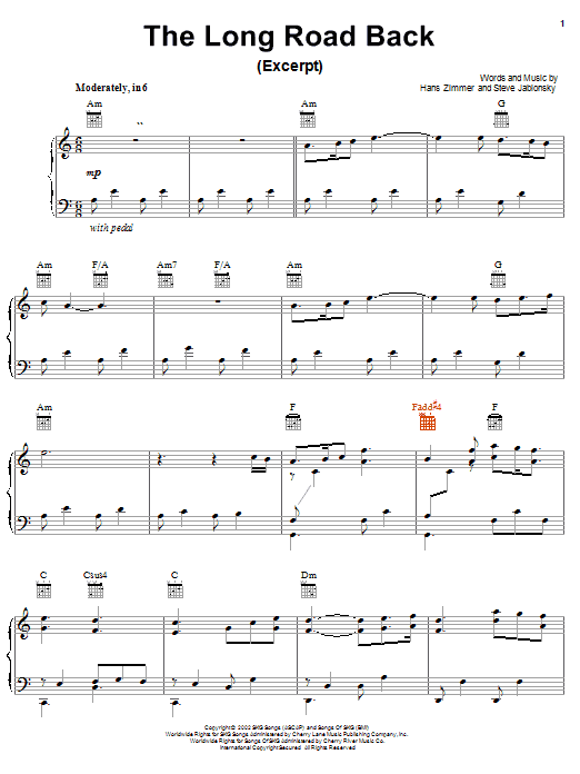 Hans Zimmer The Long Road Back sheet music notes and chords arranged for Piano, Vocal & Guitar Chords (Right-Hand Melody)