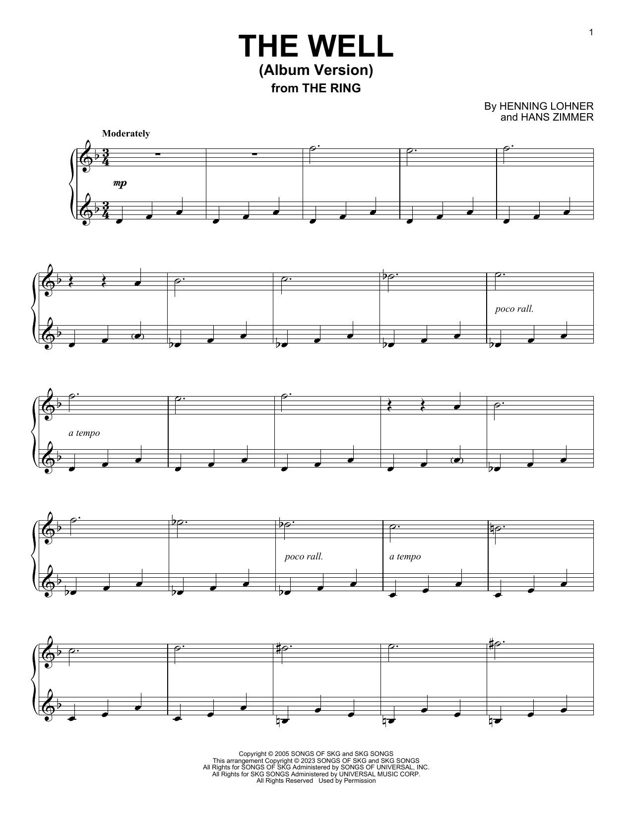 Hans Zimmer The Well (Album Version) (from The Ring) sheet music notes and chords arranged for Piano Solo