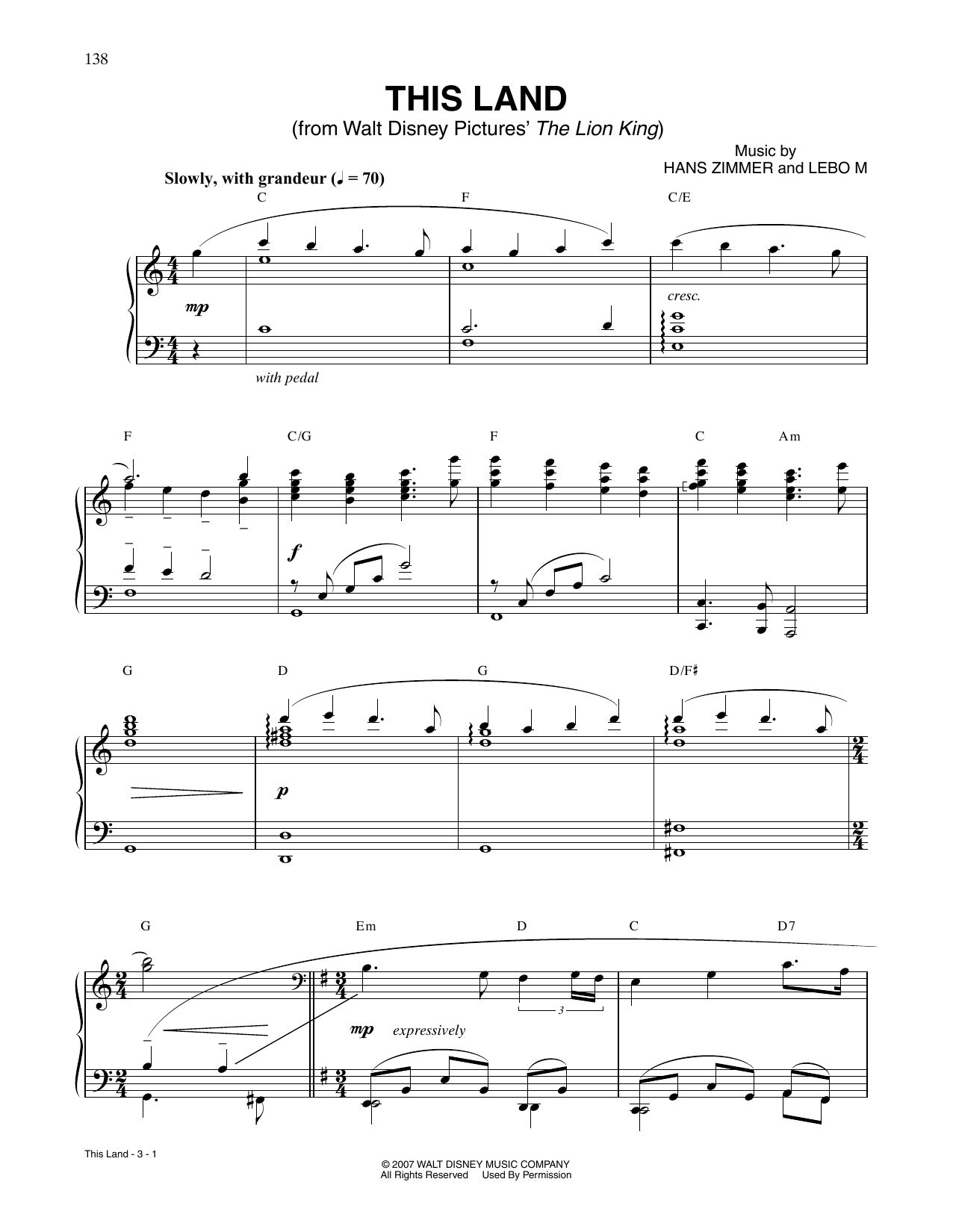 Hans Zimmer This Land (from The Lion King) sheet music notes and chords arranged for Piano Solo
