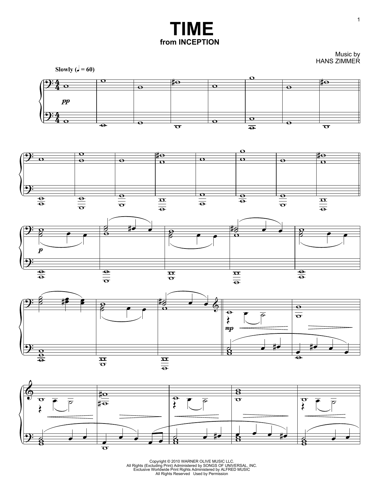 Hans Zimmer Time (from Inception) sheet music notes and chords arranged for Piano Solo