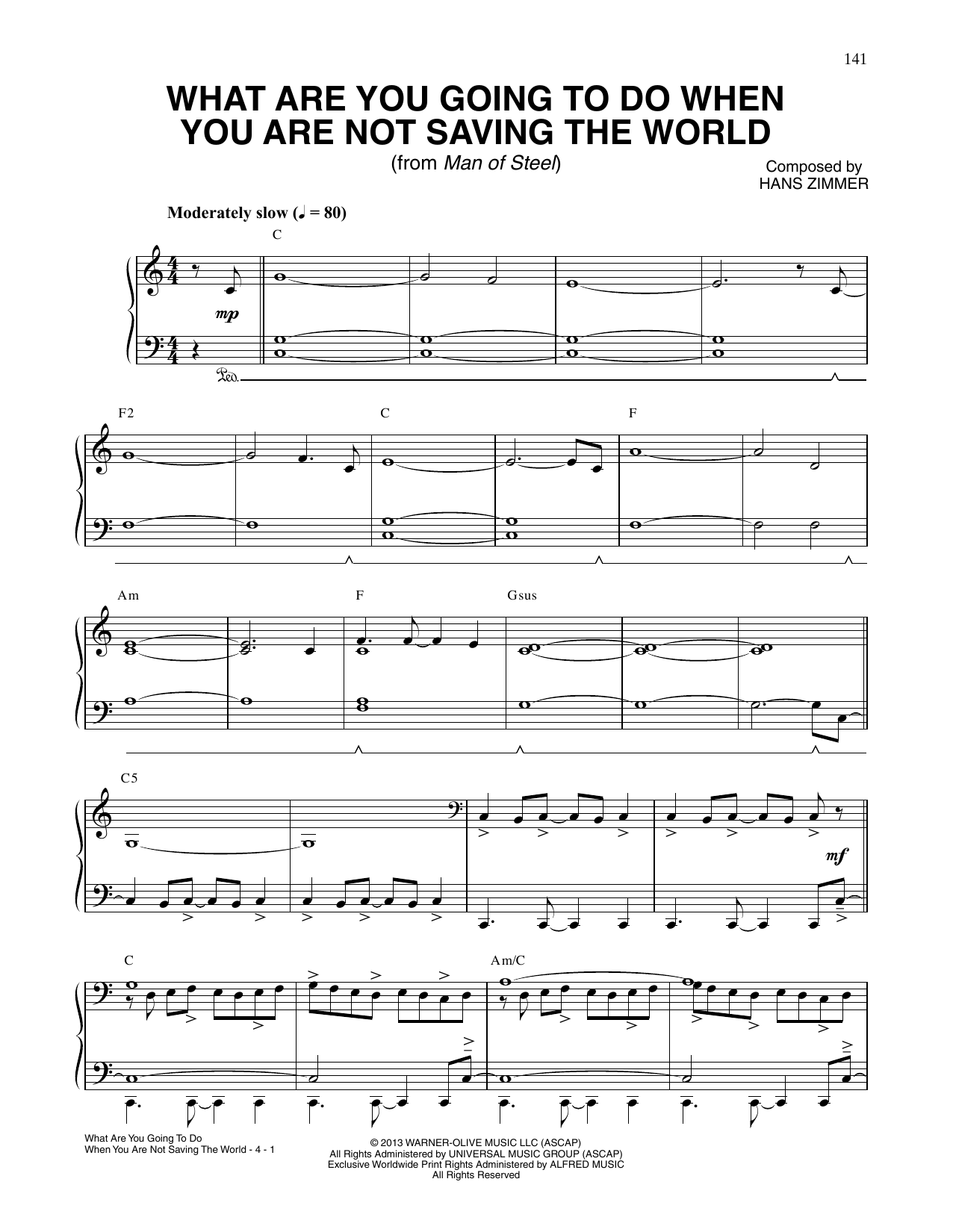 Hans Zimmer What Are You Going To Do When You Are Not Saving The World? (from Man Of Steel) sheet music notes and chords arranged for Piano Solo
