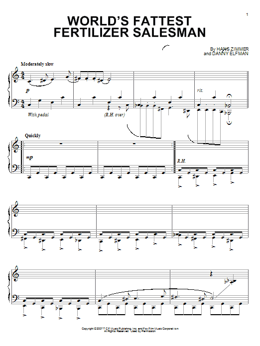 Hans Zimmer World's Fattest Fertilizer Salesman sheet music notes and chords arranged for Piano Solo