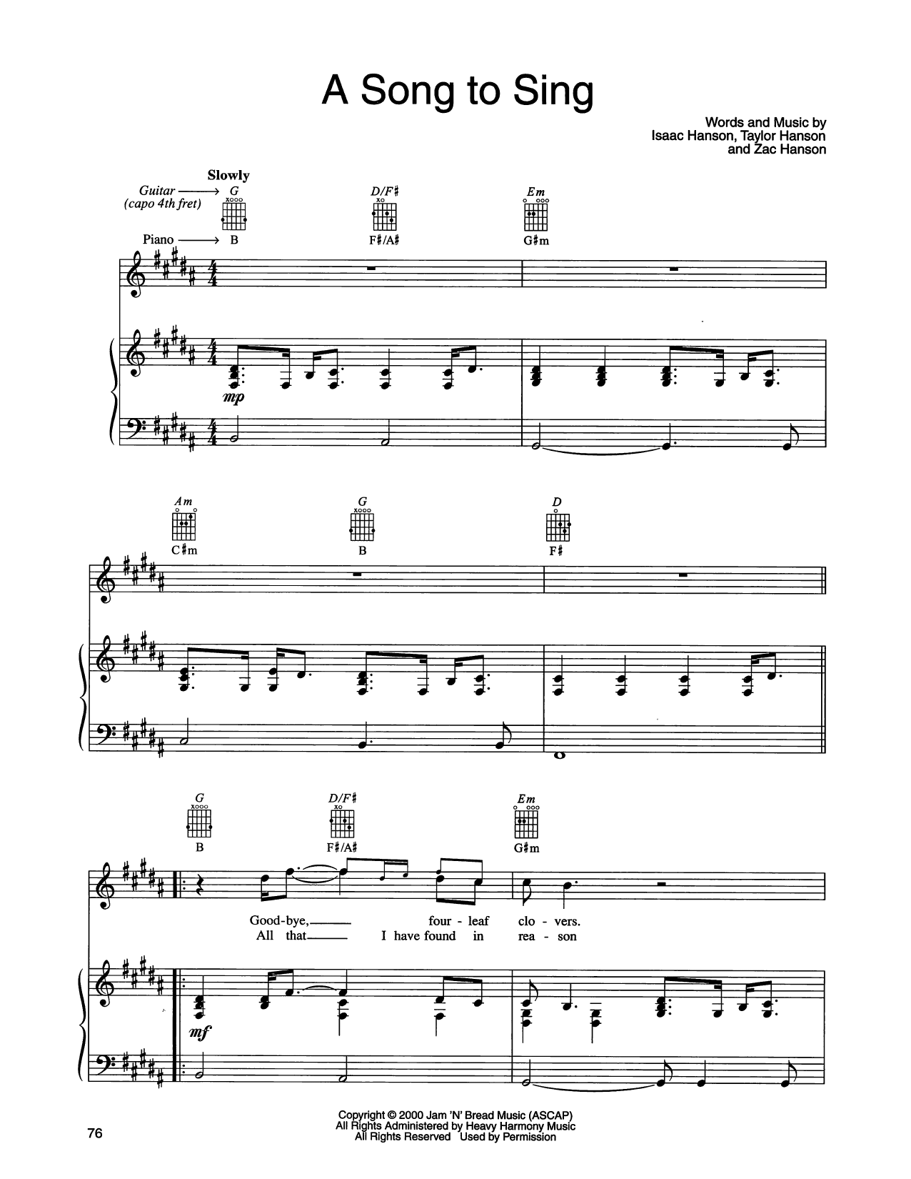 Hanson A Song To Sing sheet music notes and chords arranged for Piano, Vocal & Guitar Chords (Right-Hand Melody)