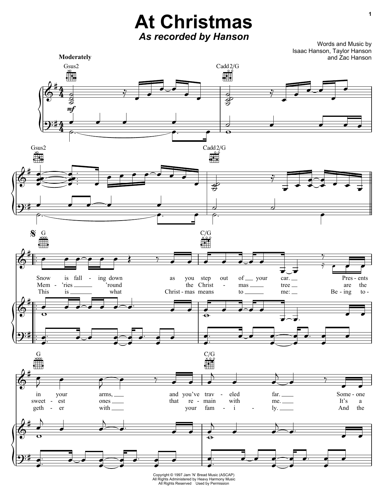Hanson At Christmas sheet music notes and chords arranged for Piano, Vocal & Guitar Chords (Right-Hand Melody)