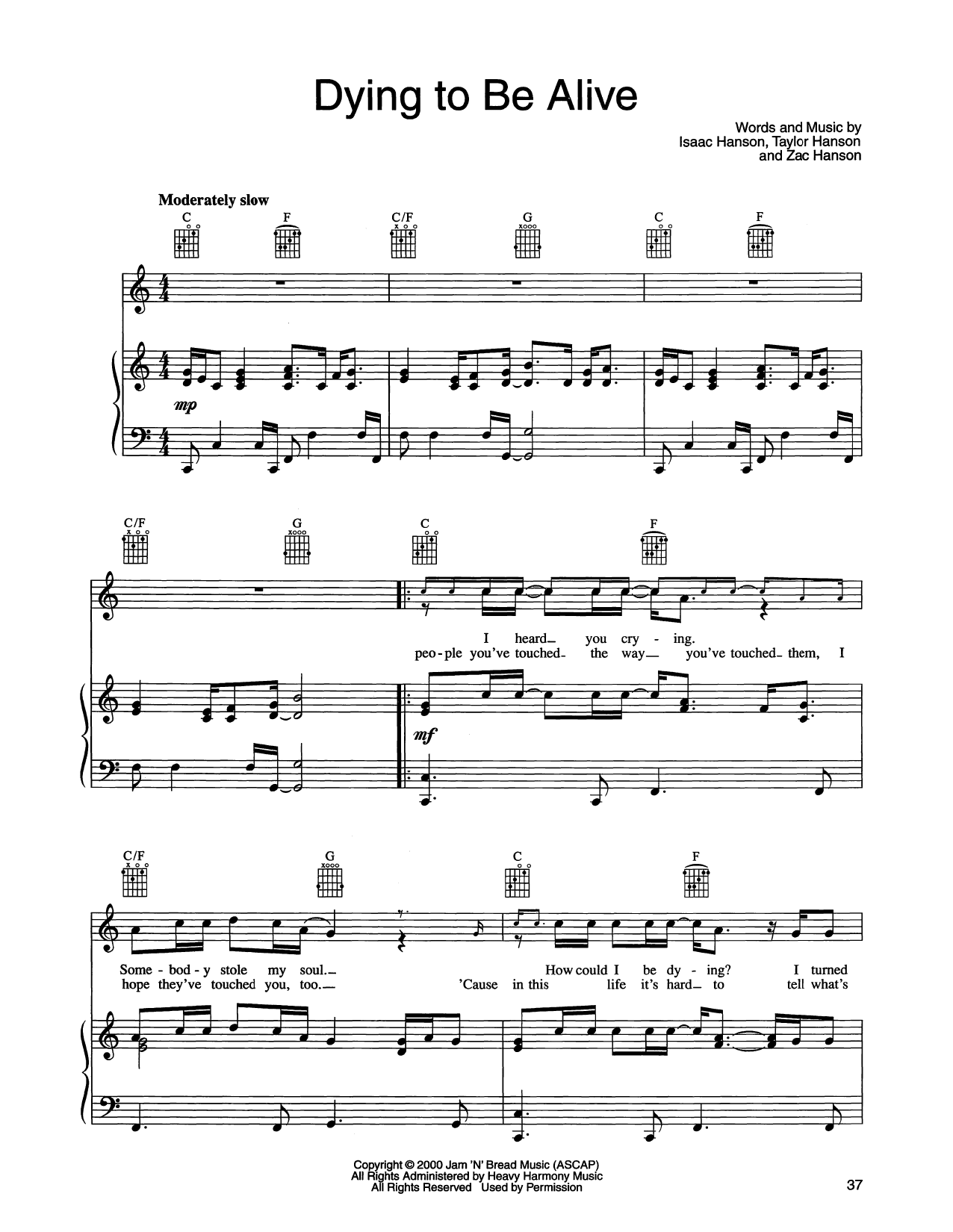 Hanson Dying To Be Alive sheet music notes and chords arranged for Piano, Vocal & Guitar Chords (Right-Hand Melody)
