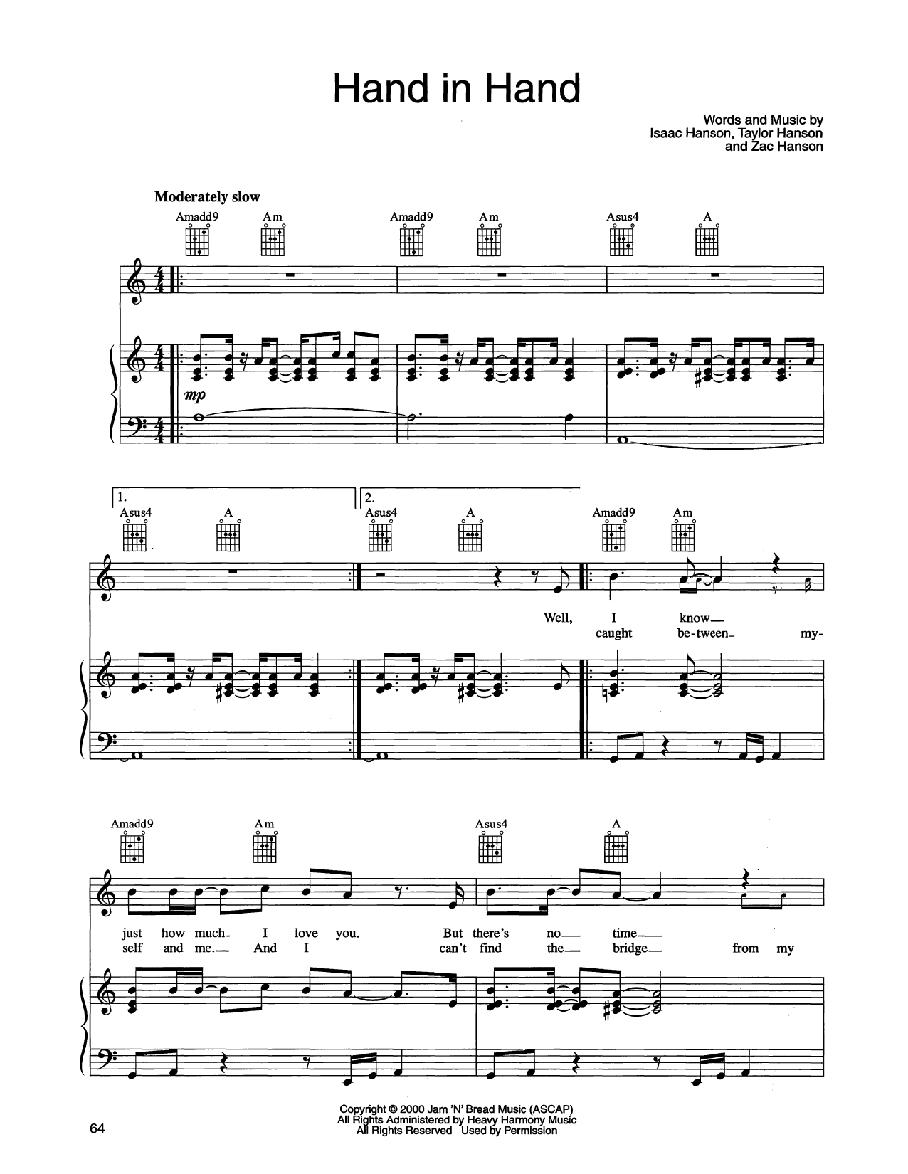 Hanson Hand In Hand sheet music notes and chords arranged for Piano, Vocal & Guitar Chords (Right-Hand Melody)