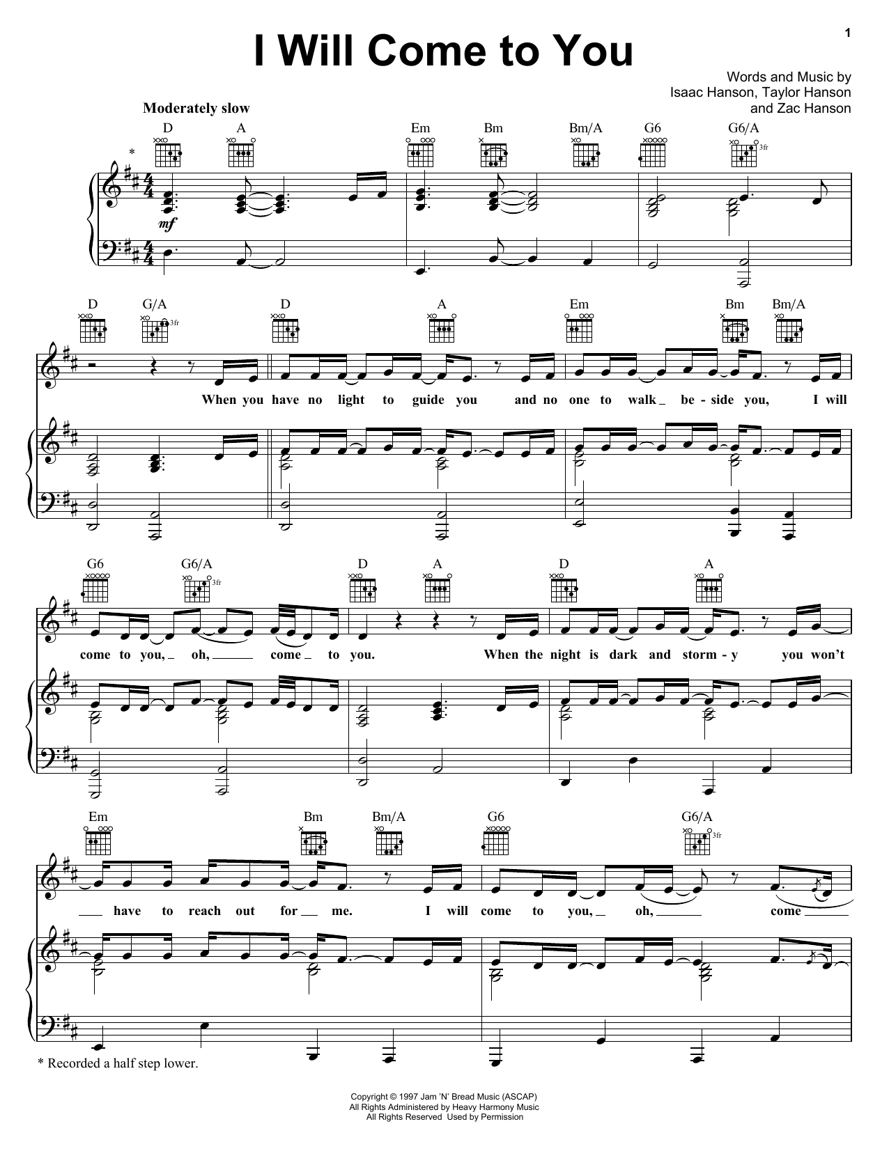 Hanson I Will Come To You sheet music notes and chords arranged for Piano, Vocal & Guitar Chords (Right-Hand Melody)