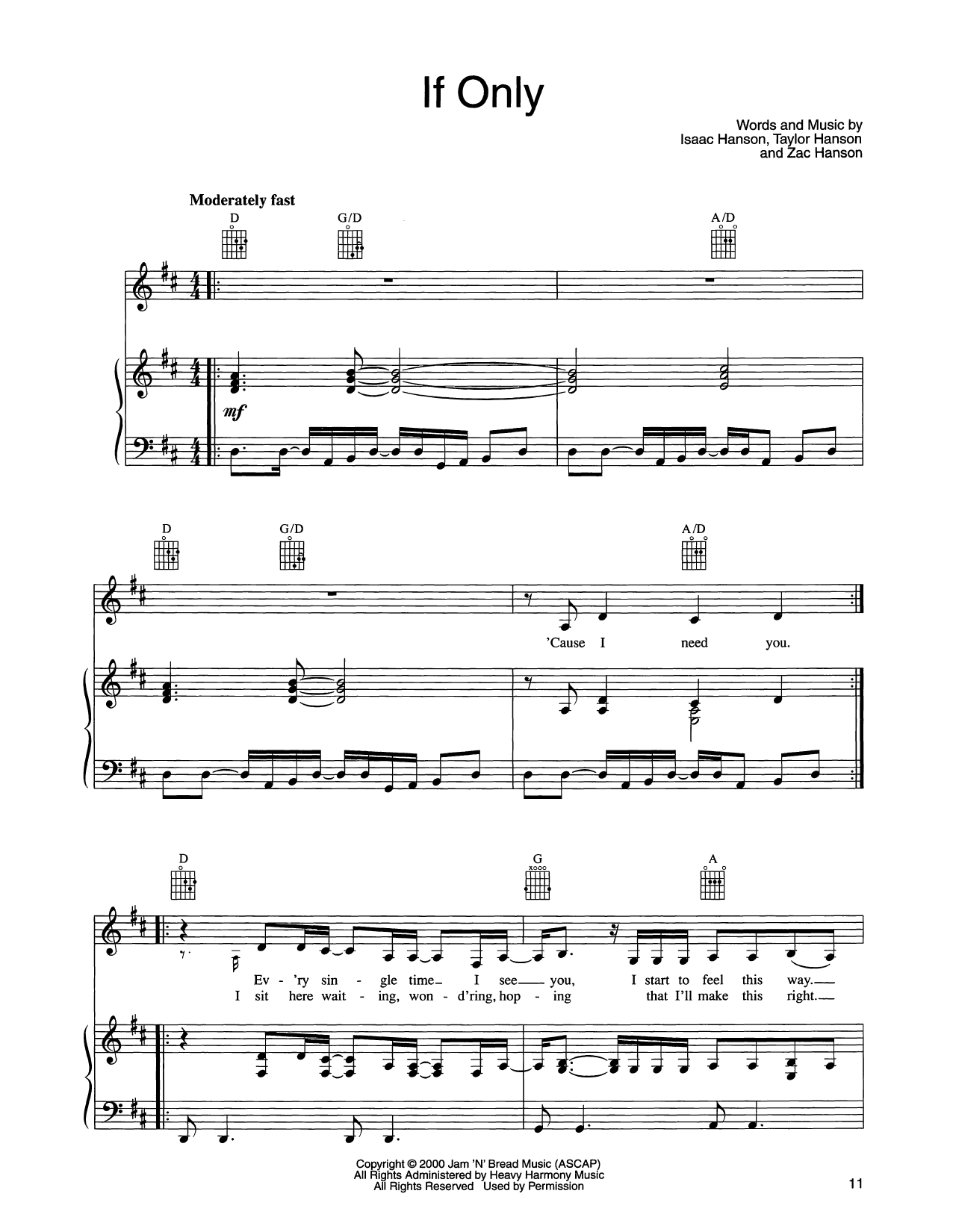 Hanson If Only sheet music notes and chords arranged for Piano, Vocal & Guitar Chords (Right-Hand Melody)