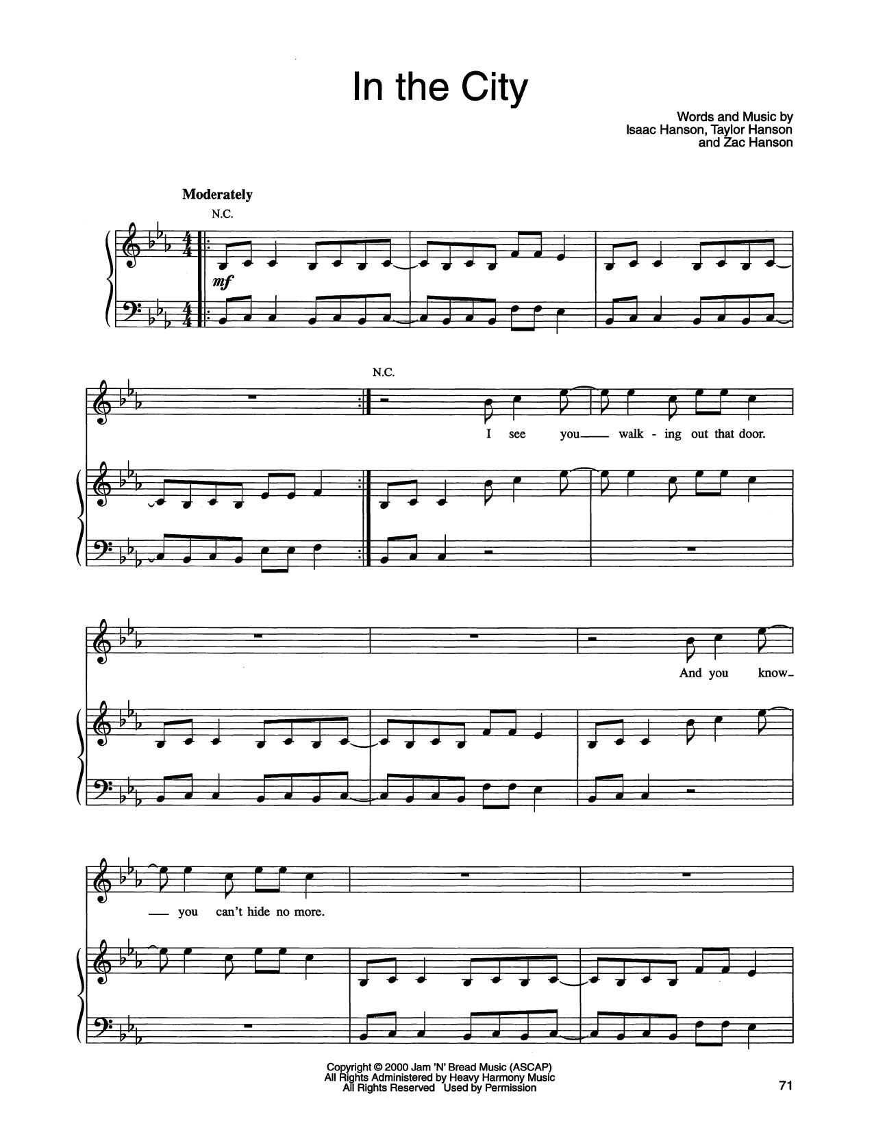 Hanson In The City sheet music notes and chords arranged for Piano, Vocal & Guitar Chords (Right-Hand Melody)