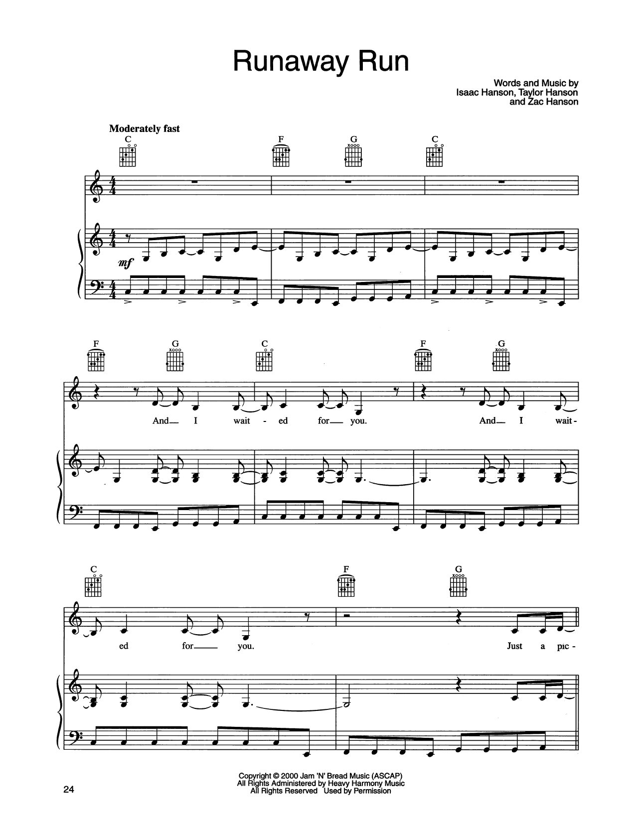 Hanson Runaway Run sheet music notes and chords arranged for Piano, Vocal & Guitar Chords (Right-Hand Melody)