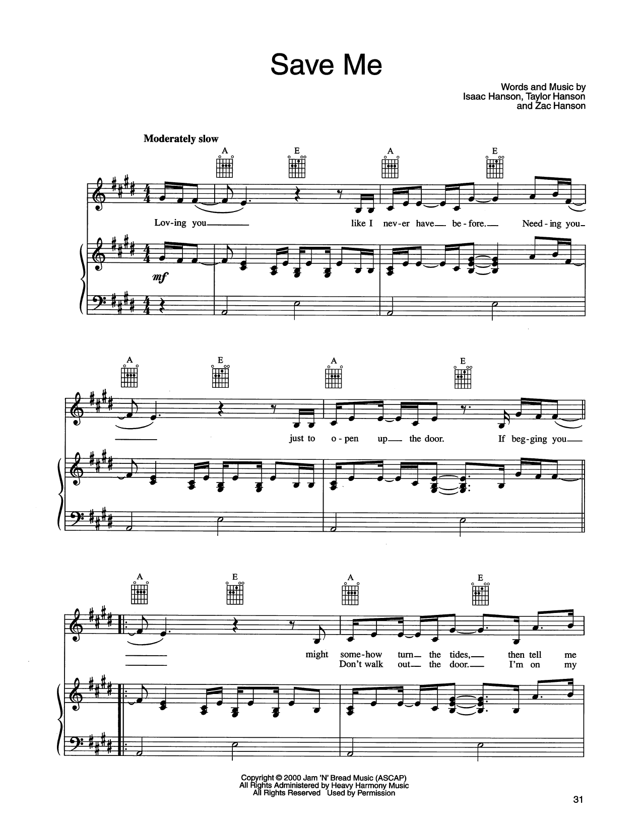 Hanson Save Me sheet music notes and chords arranged for Piano, Vocal & Guitar Chords (Right-Hand Melody)
