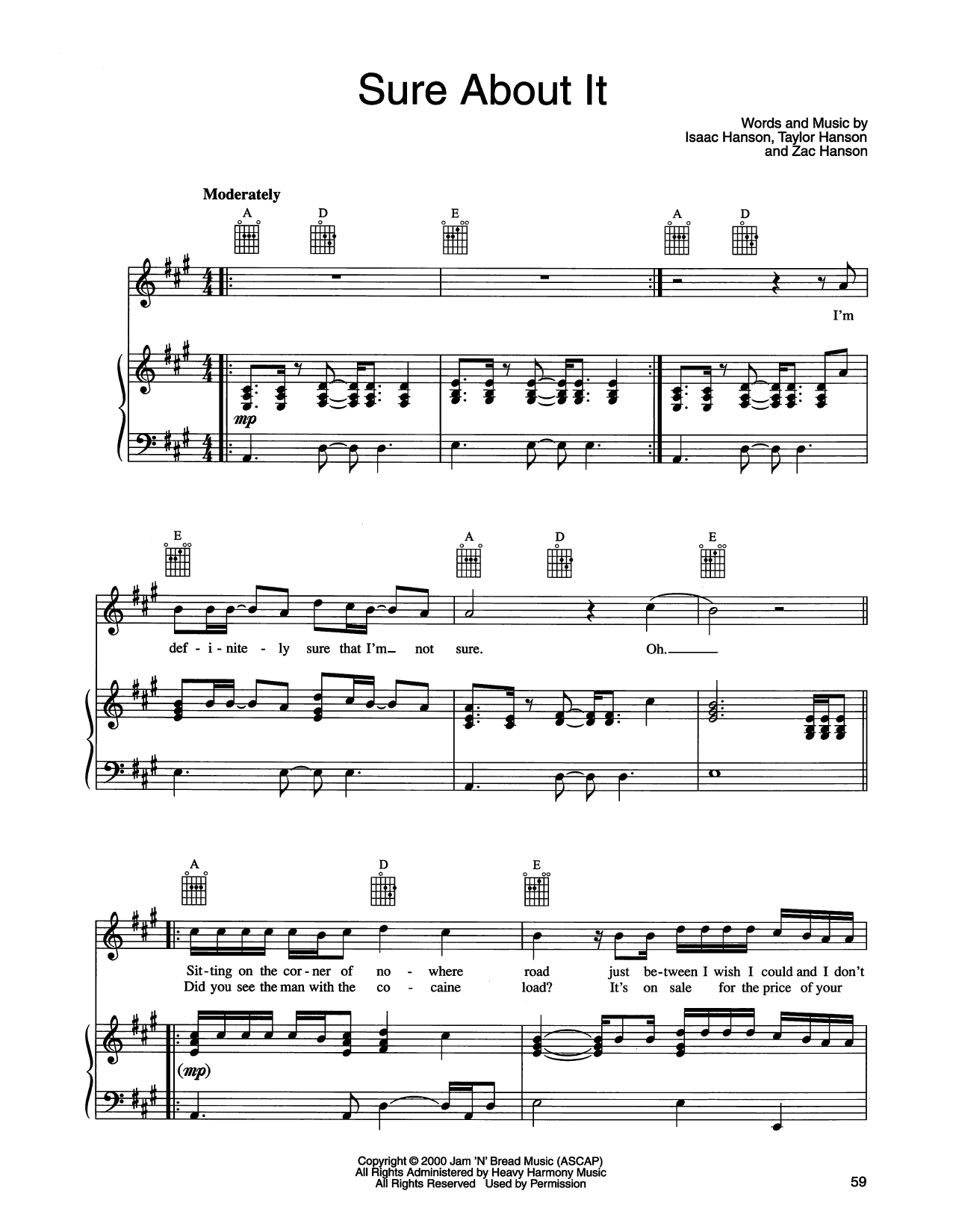 Hanson Sure About It sheet music notes and chords arranged for Piano, Vocal & Guitar Chords (Right-Hand Melody)