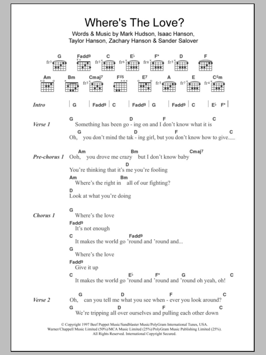 Hanson Where's The Love sheet music notes and chords arranged for Guitar Chords/Lyrics