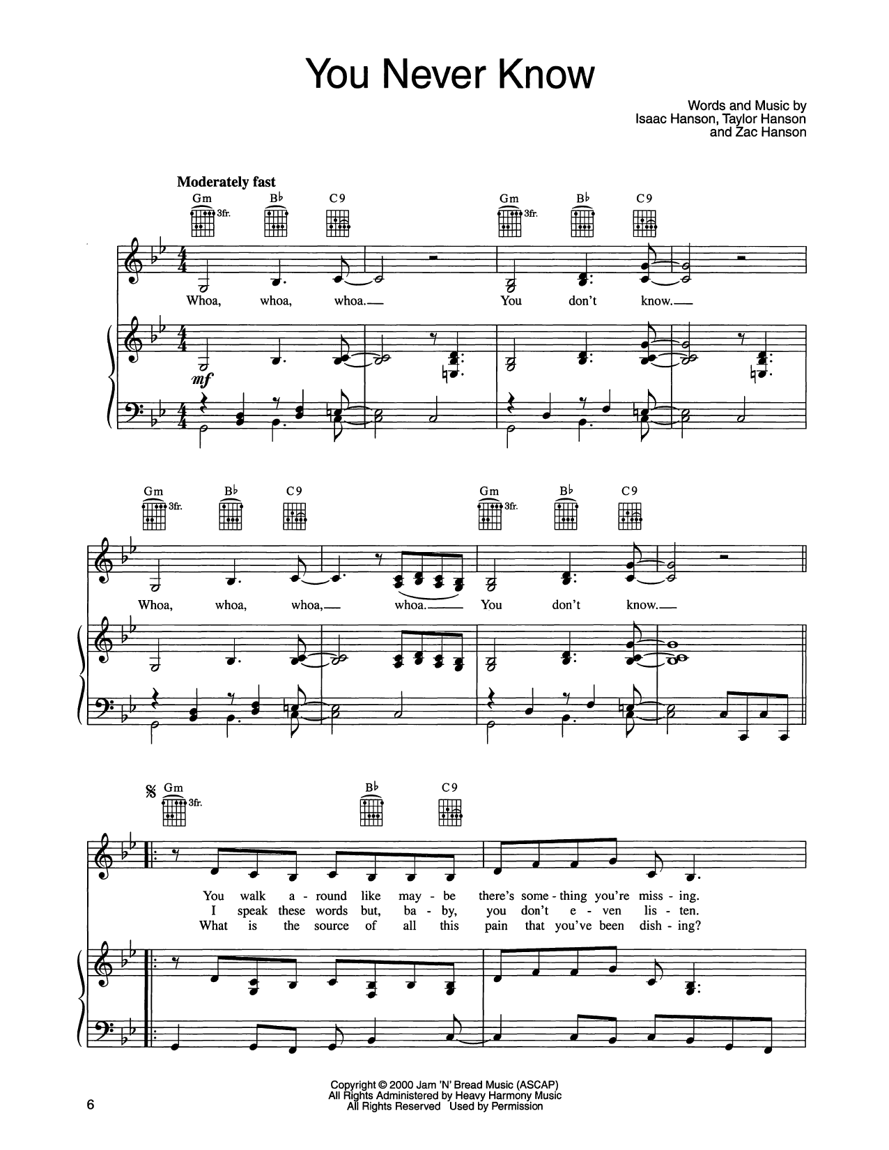 Hanson You Never Know sheet music notes and chords arranged for Piano, Vocal & Guitar Chords (Right-Hand Melody)