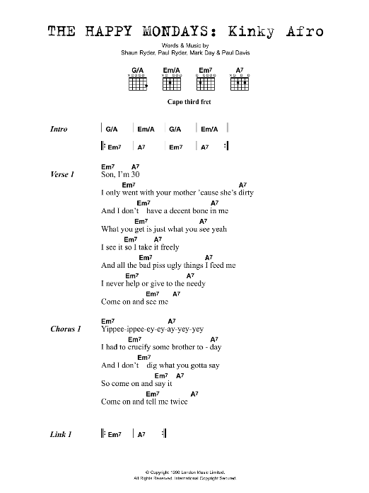 Happy Mondays Kinky Afro sheet music notes and chords arranged for Guitar Chords/Lyrics