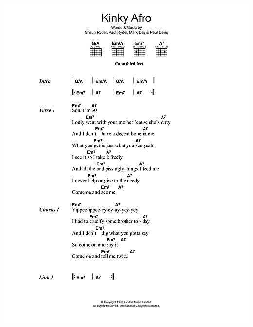 Happy Mondays Kinky Afro sheet music notes and chords arranged for Guitar Chords/Lyrics