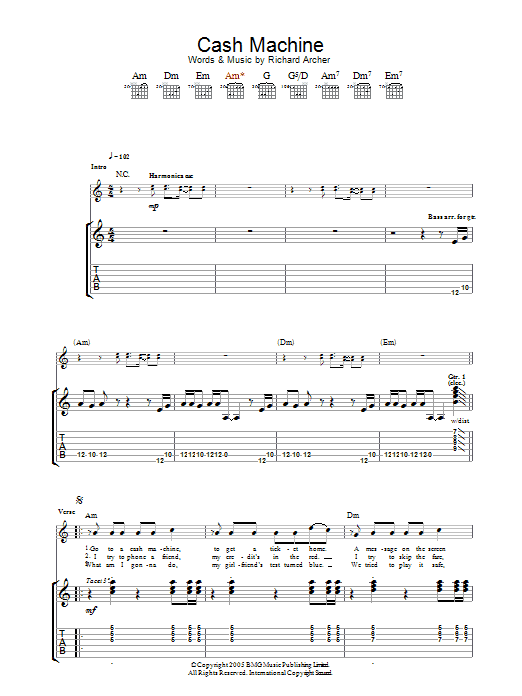 Hard-Fi Cash Machine sheet music notes and chords arranged for Guitar Tab