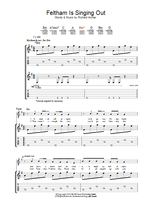 Hard-Fi Feltham Is Singing Out sheet music notes and chords arranged for Guitar Tab