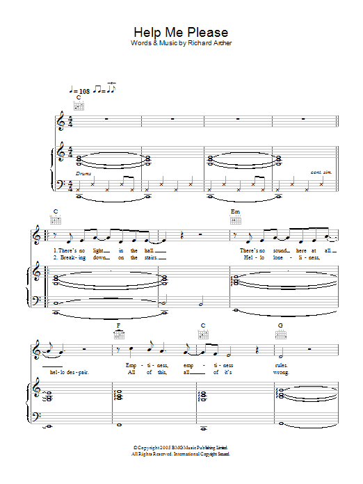 Hard-Fi Help Me Please sheet music notes and chords arranged for Piano, Vocal & Guitar Chords