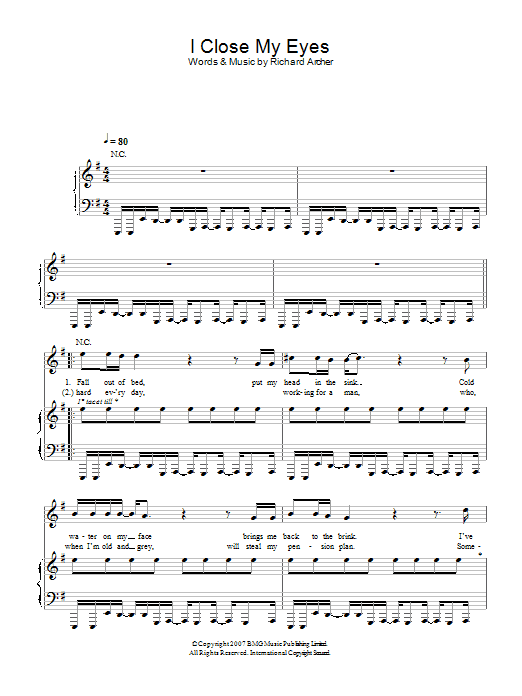 Hard-Fi I Close My Eyes sheet music notes and chords arranged for Piano, Vocal & Guitar Chords