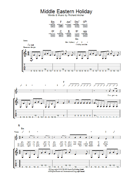 Hard-Fi Middle Eastern Holiday sheet music notes and chords arranged for Guitar Tab
