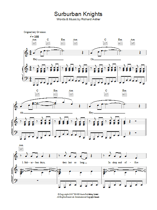 Hard-Fi Suburban Knights sheet music notes and chords arranged for Piano, Vocal & Guitar Chords