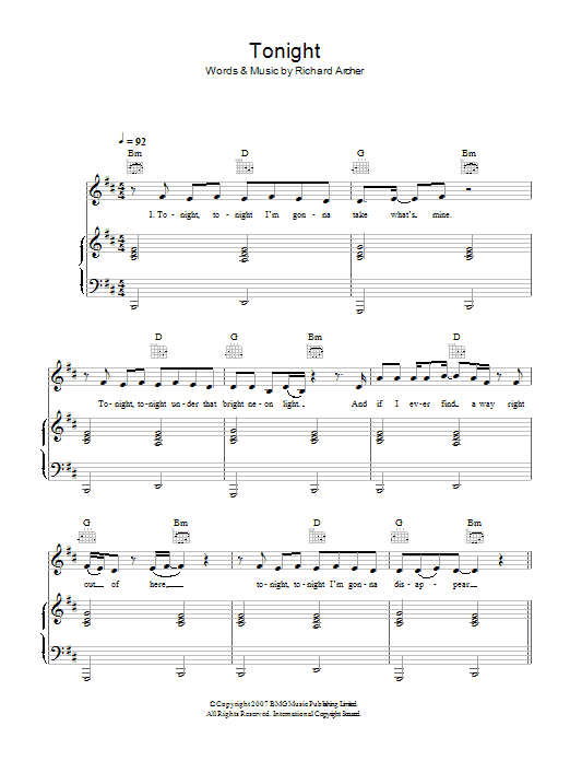 Hard-Fi Tonight sheet music notes and chords arranged for Piano, Vocal & Guitar Chords