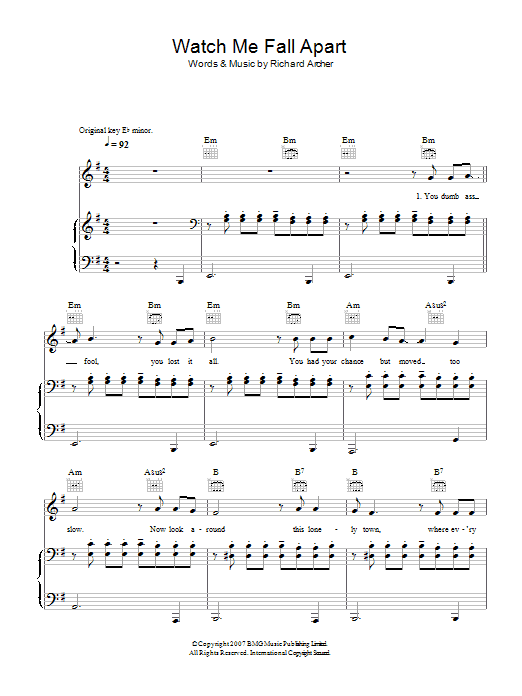 Hard-Fi Watch Me Fall Apart sheet music notes and chords arranged for Piano, Vocal & Guitar Chords