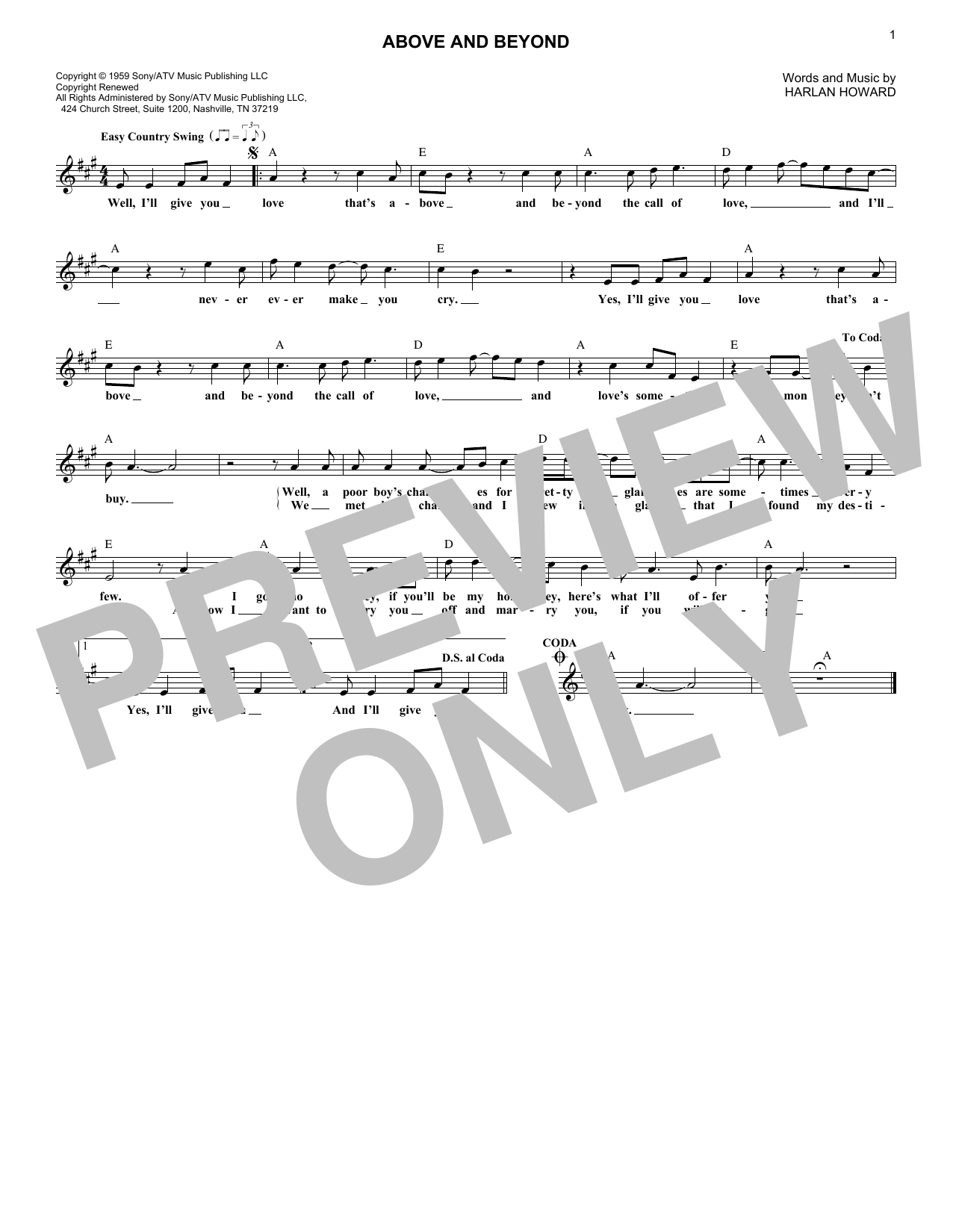 Harlan Howard Above And Beyond sheet music notes and chords arranged for Lead Sheet / Fake Book