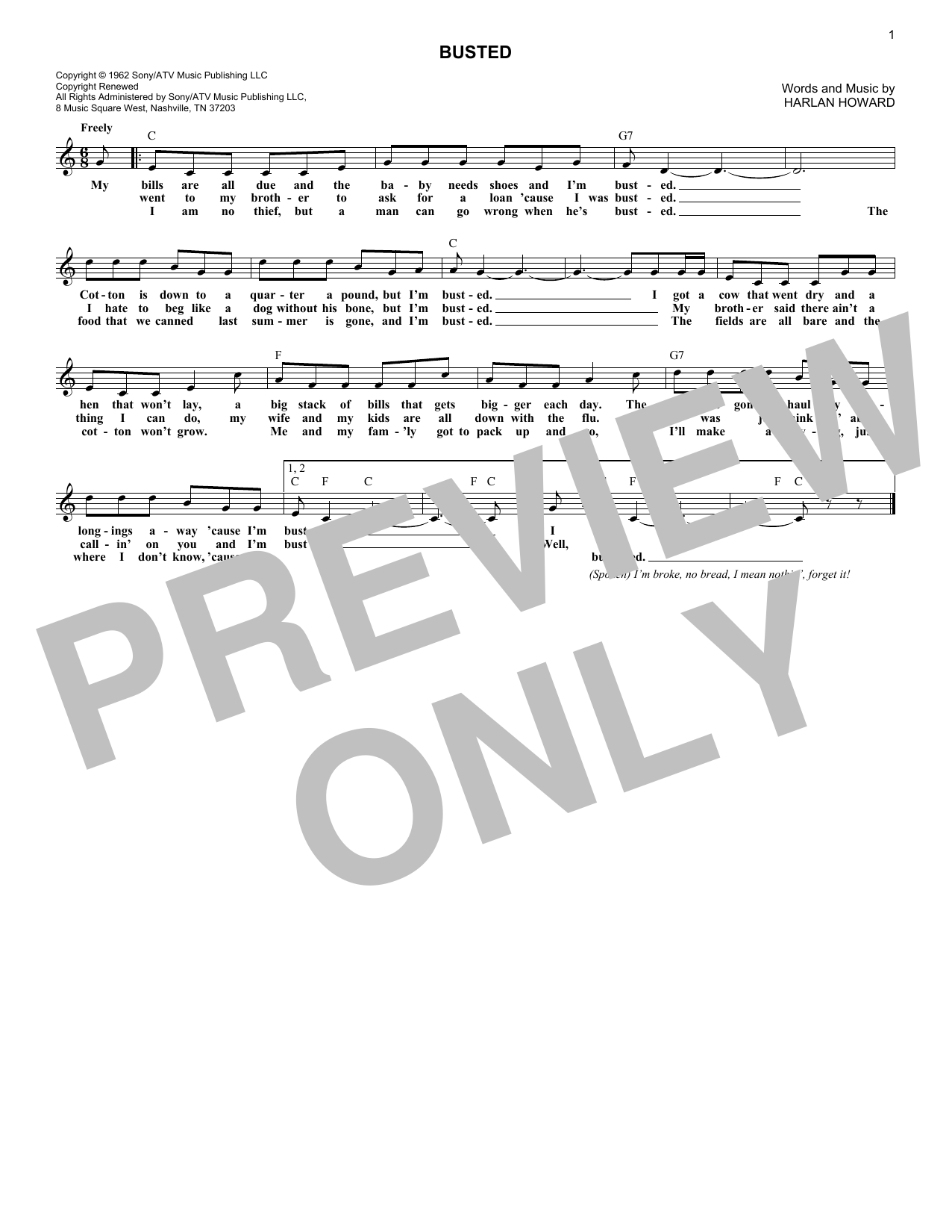 Harlan Howard Busted sheet music notes and chords arranged for Lead Sheet / Fake Book