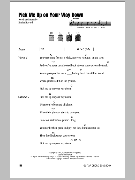 Harlan Howard Pick Me Up On Your Way Down sheet music notes and chords arranged for Guitar Chords/Lyrics