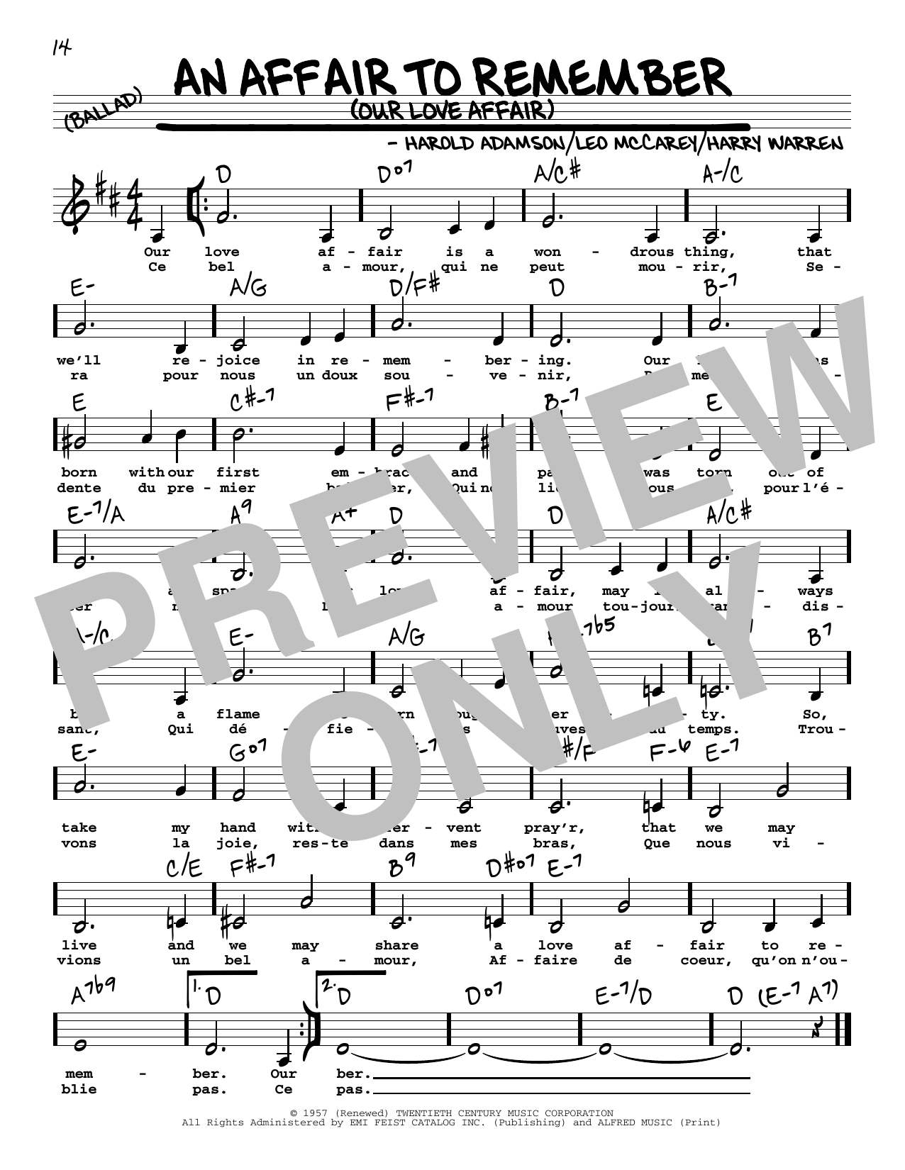 Harold Adamson An Affair To Remember (Our Love Affair) (Low Voice) sheet music notes and chords arranged for Real Book – Melody, Lyrics & Chords