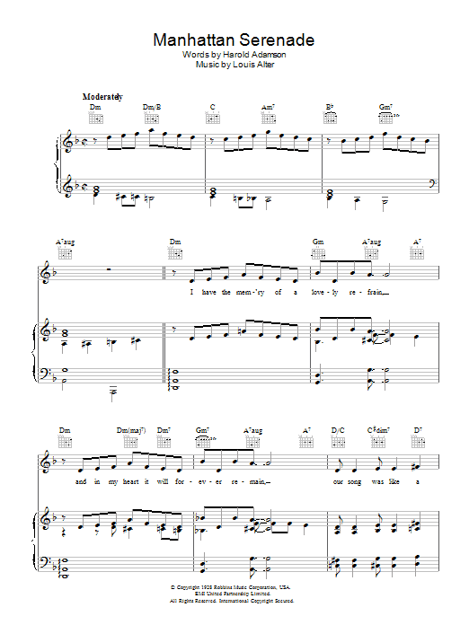 Harold Adamson Manhattan Serenade sheet music notes and chords arranged for Piano, Vocal & Guitar Chords