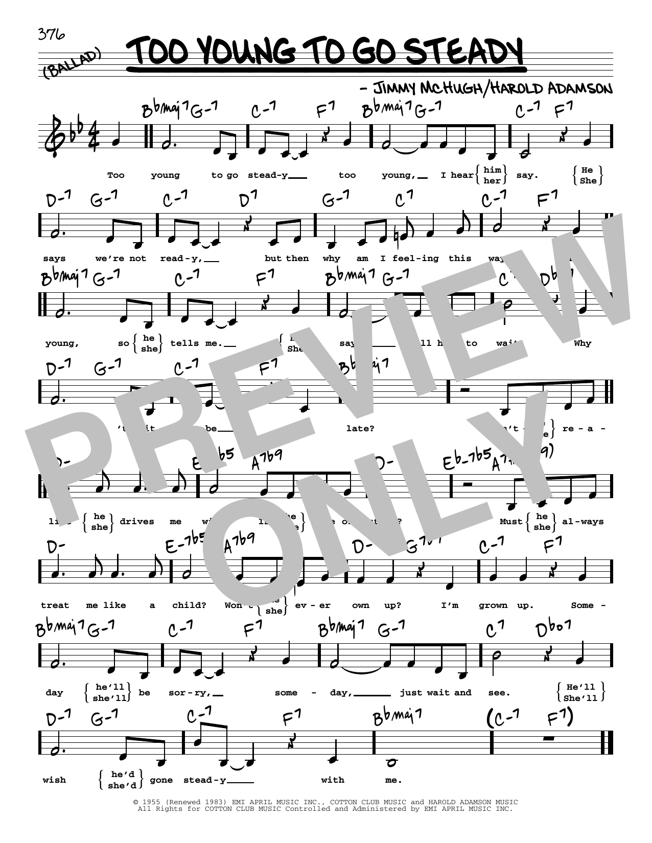 Harold Adamson Too Young To Go Steady (Low Voice) sheet music notes and chords arranged for Real Book – Melody, Lyrics & Chords