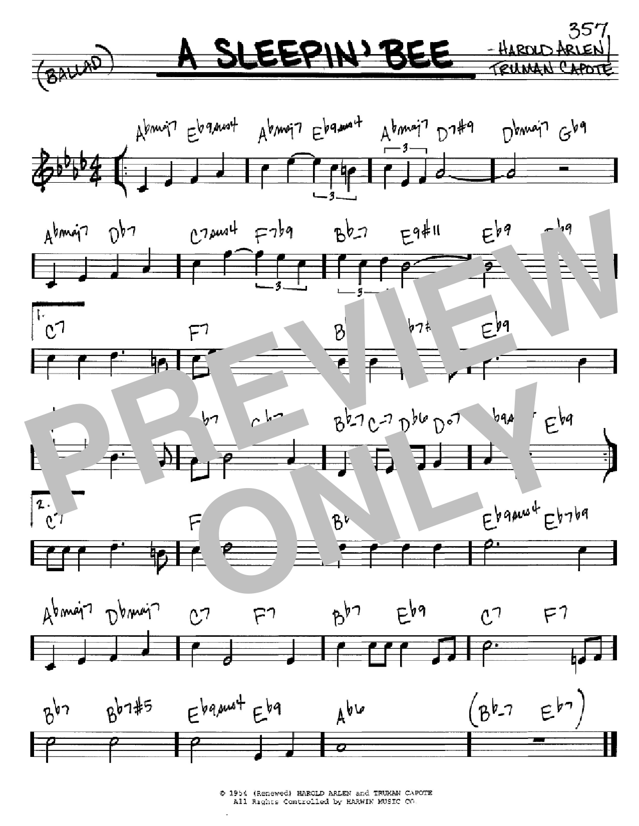 Harold Arlen A Sleepin' Bee sheet music notes and chords arranged for Real Book – Melody & Chords – C Instruments