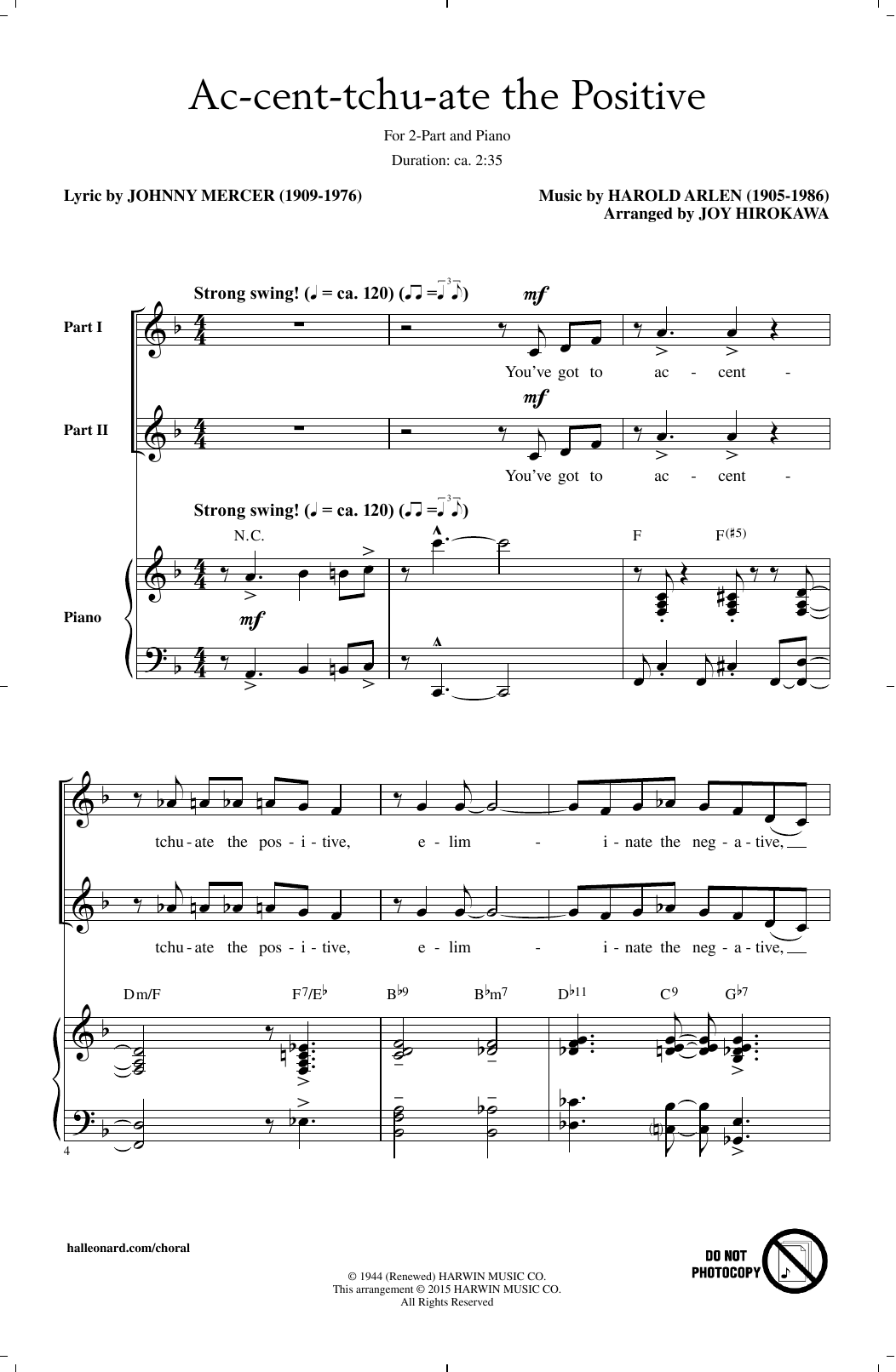Harold Arlen Ac-cent-tchu-ate The Positive (arr. Joy Hirokawa) sheet music notes and chords arranged for 2-Part Choir