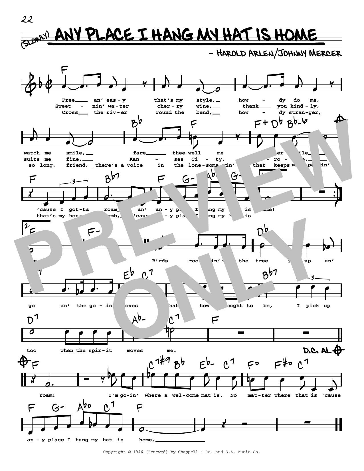 Harold Arlen and Johnny Mercer Any Place I Hang My Hat Is Home (High Voice) (from St. Louis Woman) sheet music notes and chords arranged for Real Book – Melody, Lyrics & Chords