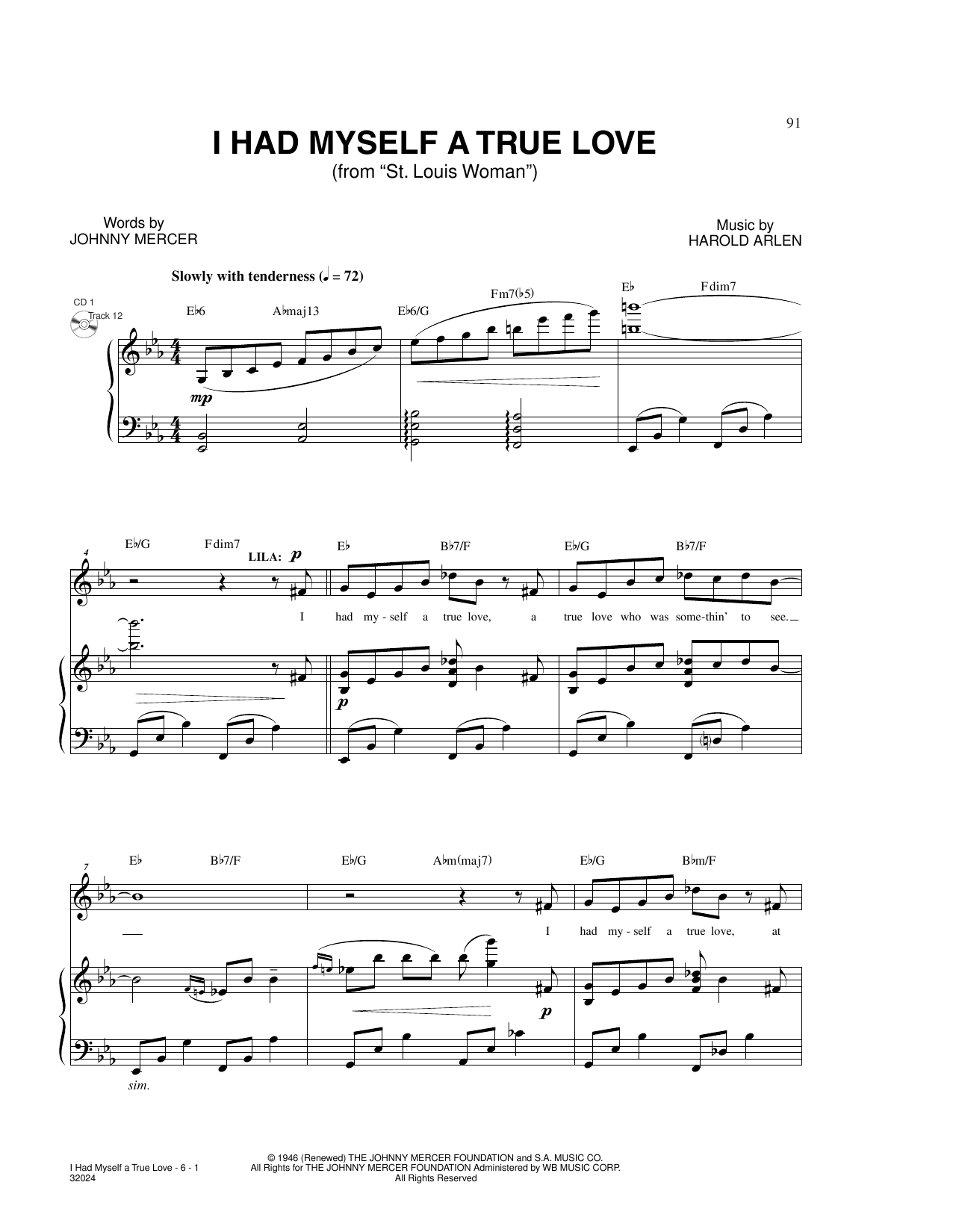 Harold Arlen and Johnny Mercer I Had Myself A True Love (from St. Louis Woman) sheet music notes and chords arranged for Piano & Vocal