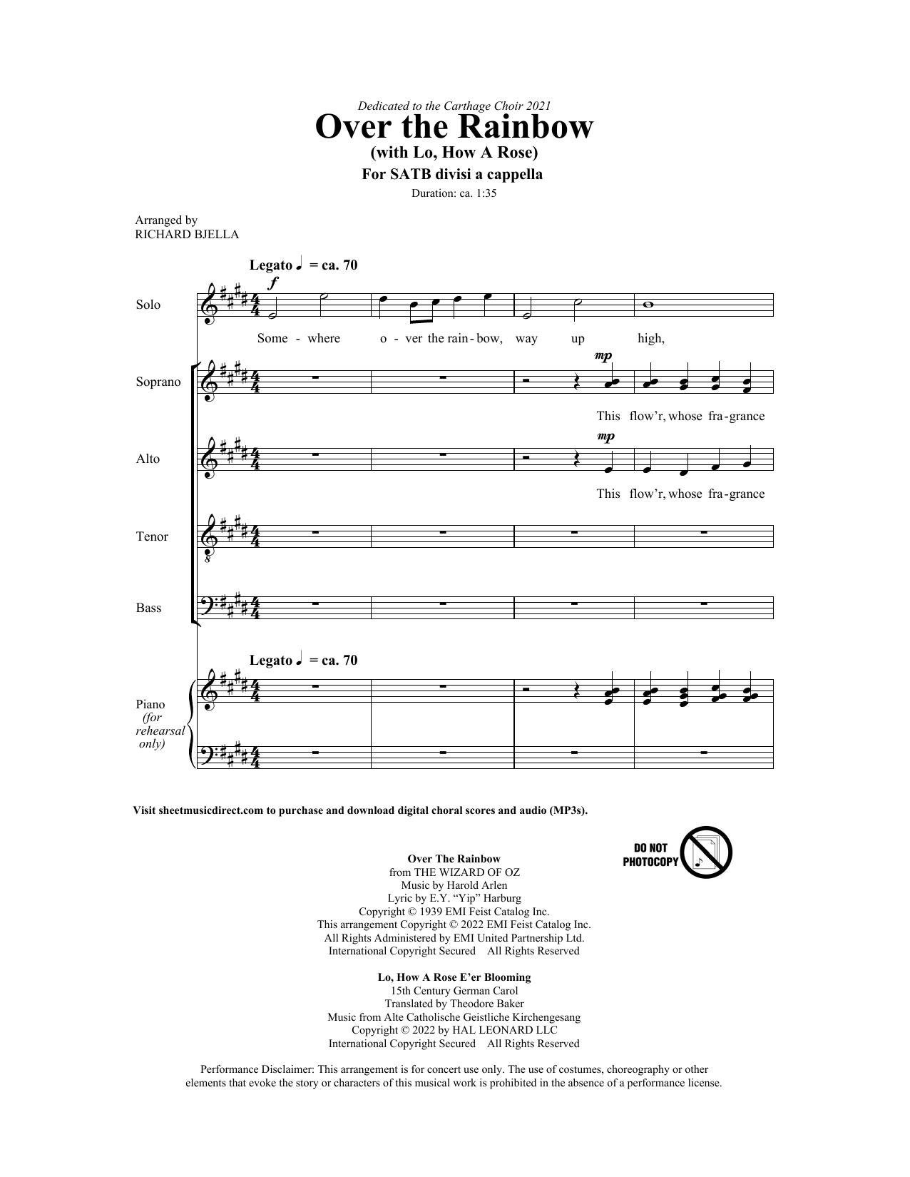 Harold Arlen and Michael Praetorius Over The Rainbow (with Lo How a Rose) (arr. Richard Bjella) sheet music notes and chords arranged for SATB Choir