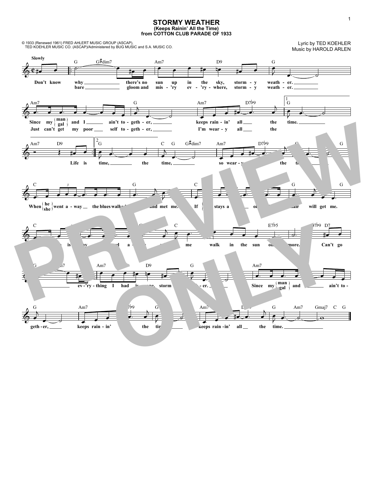 Harold Arlen and Ted Koehler Stormy Weather (Keeps Rainin' All The Time) sheet music notes and chords arranged for Lead Sheet / Fake Book