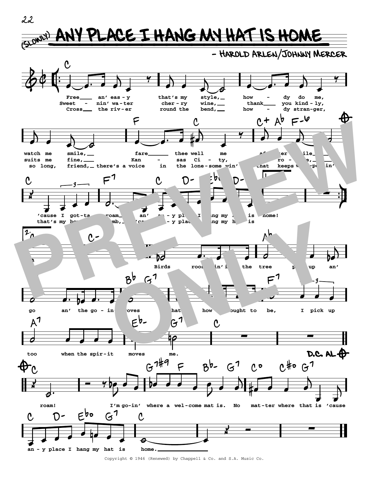 Harold Arlen Any Place I Hang My Hat Is Home (Low Voice) sheet music notes and chords arranged for Real Book – Melody, Lyrics & Chords