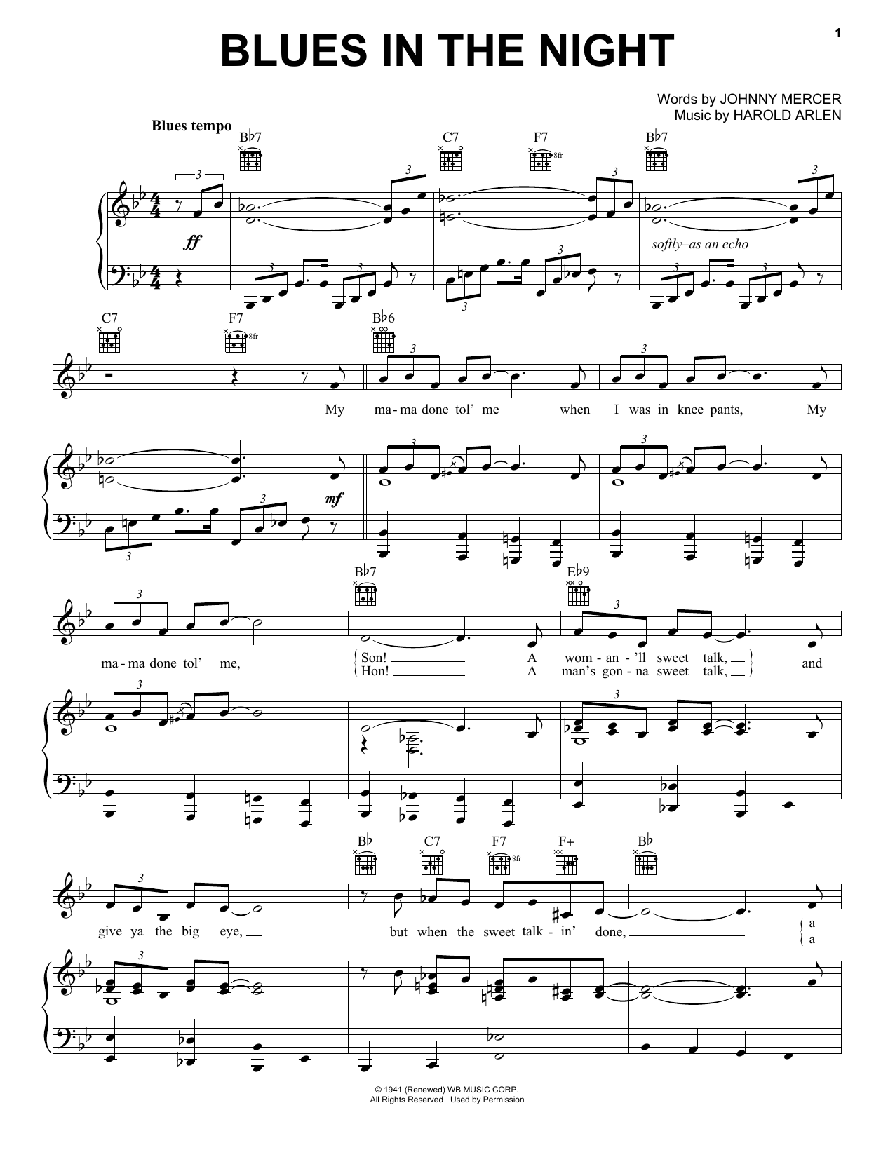 Ann Hampton Callaway Blues In The Night sheet music notes and chords arranged for Piano, Vocal & Guitar Chords (Right-Hand Melody)